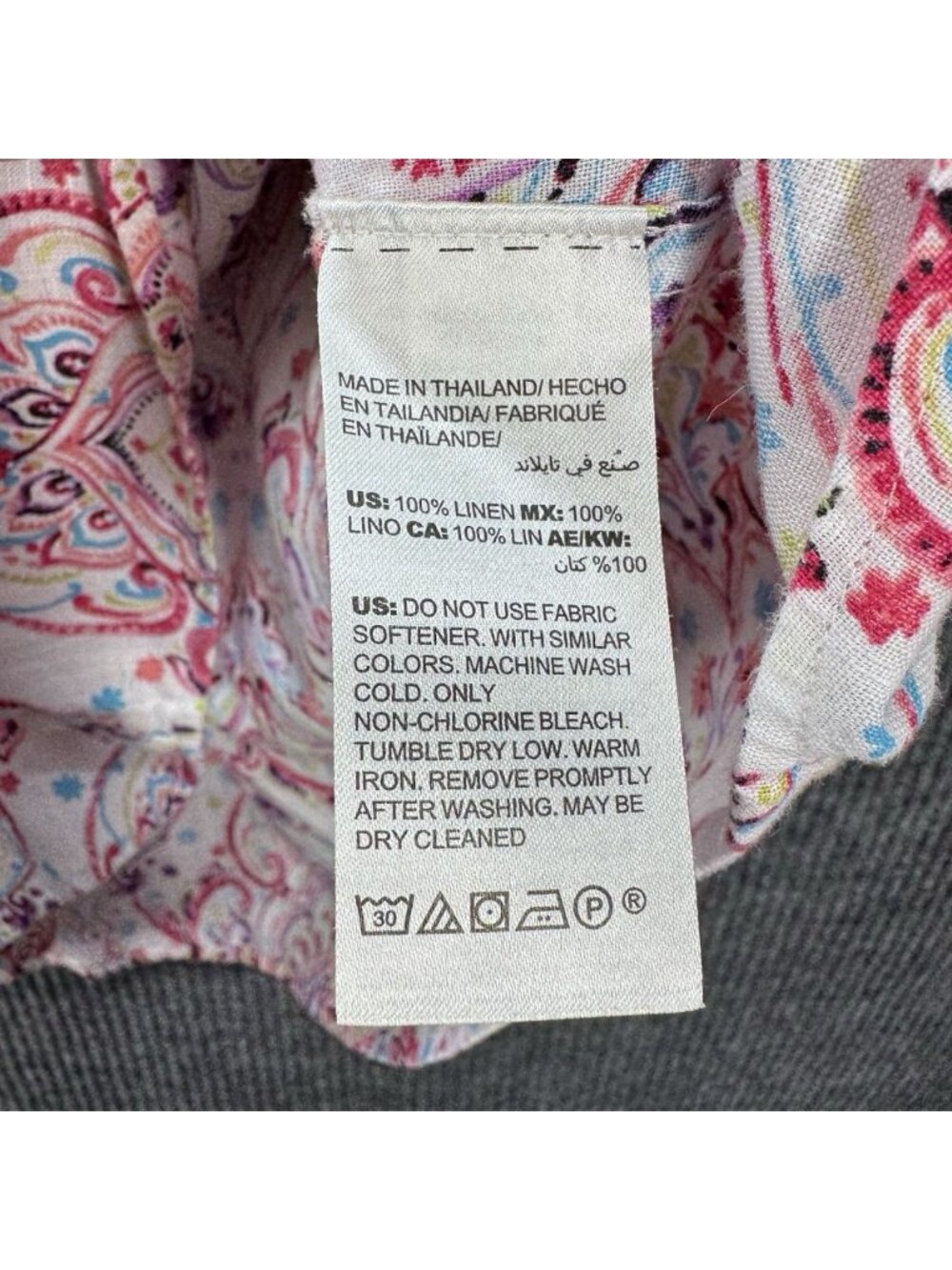 Chicos Linen No Iron Top Size 2P/LP Pink Damask Paisley Button Front 3/4 Sleeve - Picture 6 of 10